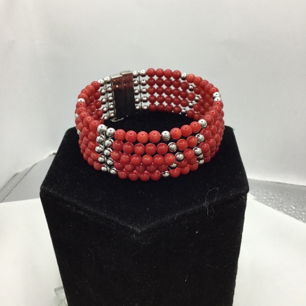 Elegant sterling silver Red coral Beaded Bracelet